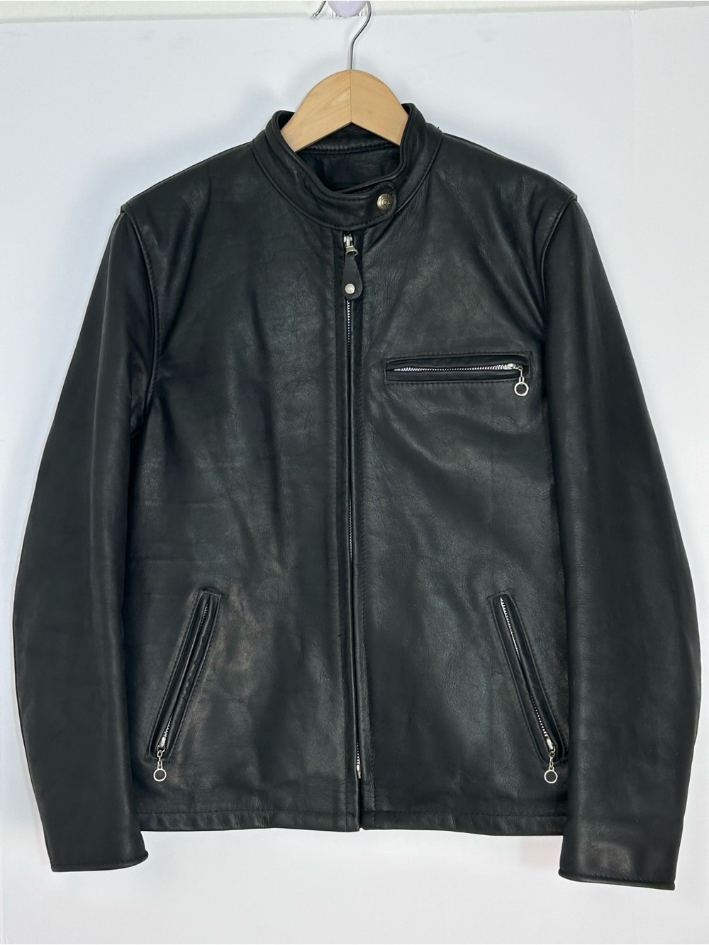 Schott NYC Women’s Black Leather Cafe Racer Moto Jacket Size 8 Made USA